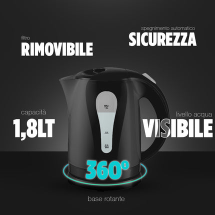 Bollitore Elettrico 1,8L 2200W Base Girevole e Spegnimento Automatico